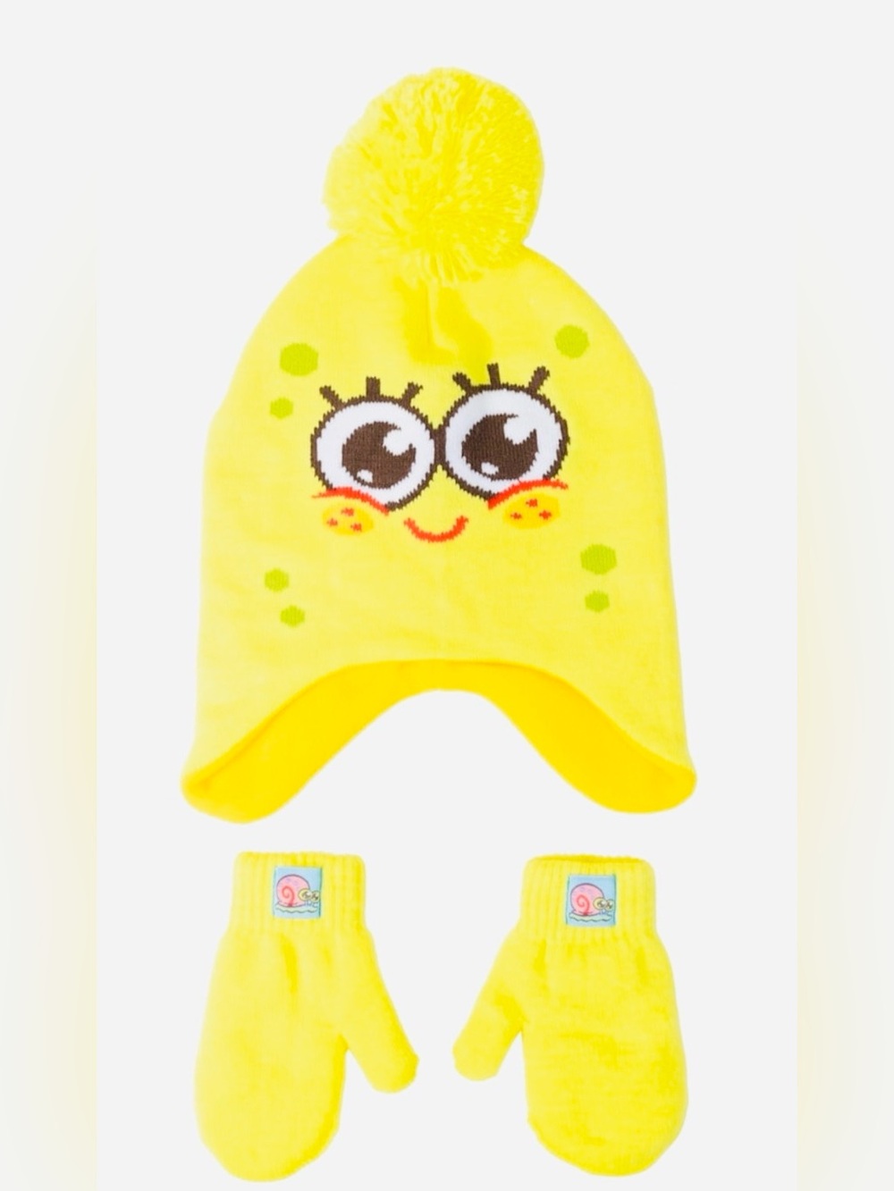 BRAND NEW Yellow Cartoon TODDLER Face Pom Beanie with Matching Gloves